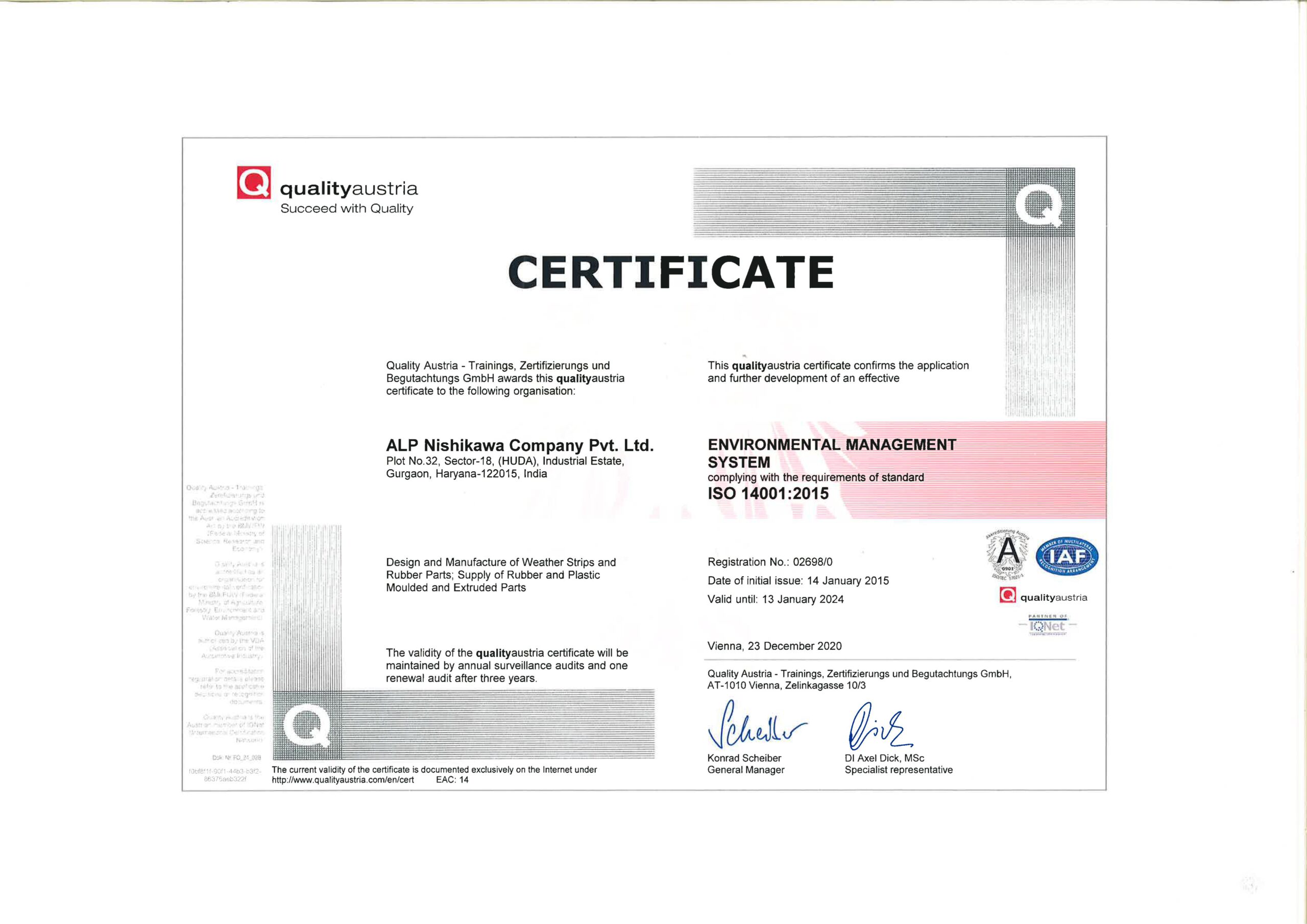 ISO 14001:2015 environmental management system certificate awarded to ALP Nishikawa Company Pvt. Ltd. by qualityaustria.