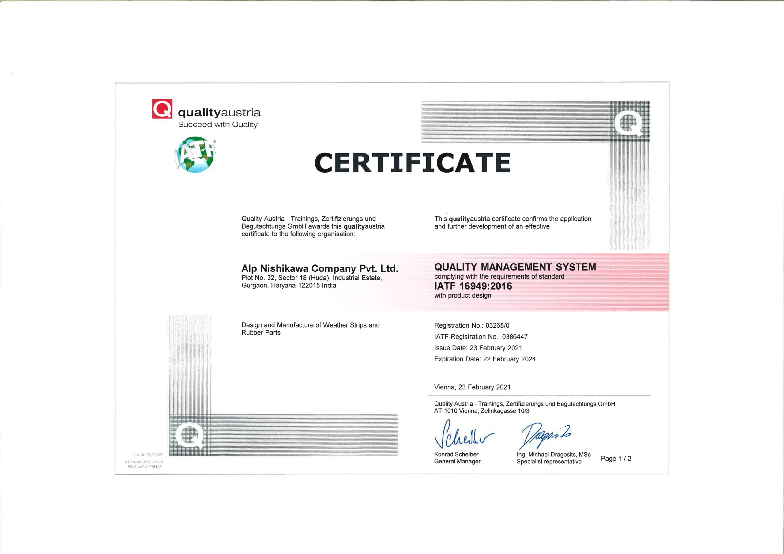 Quality management system certificate IATF 16949:2016 awarded to ALP Nishikawa Company Pvt. Ltd. for design and manufacture of weather strips and rubber parts by qualityaustria