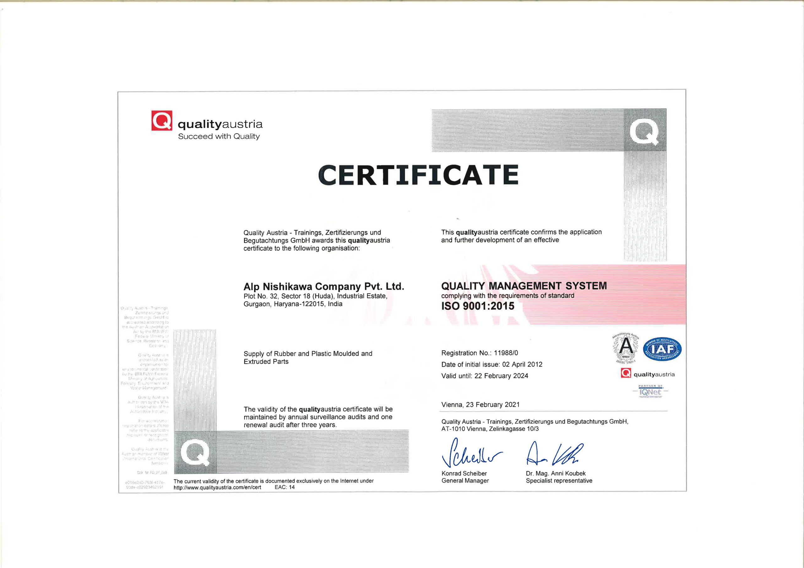 ISO 9001:2015 quality management system certificate awarded to ALP Nishikawa Company Pvt. Ltd. by qualityaustria.