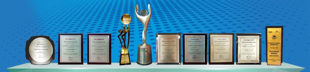Array of prestigious awards and certificates on display, representing ALP Nishikawa's recognition for outstanding achievements in the automotive industry.