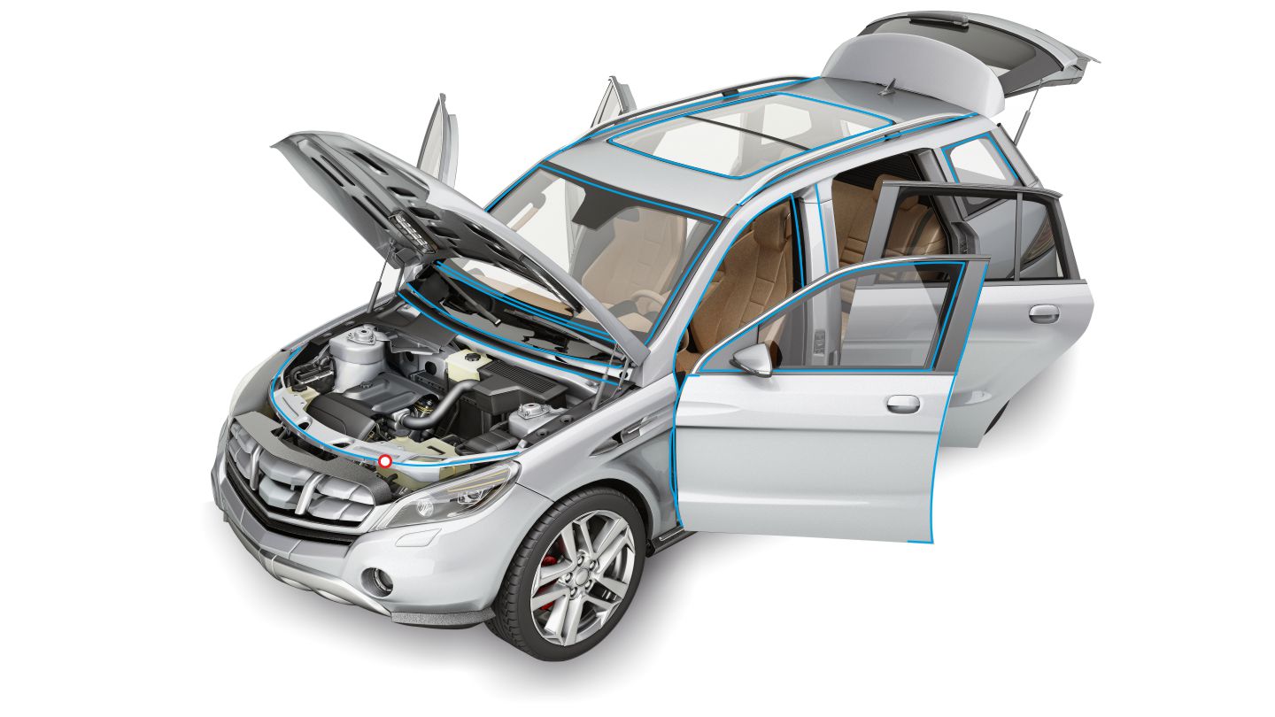 Exploded view illustration of a silver car showing internal components and structure, highlighting ALP Nishikawa's automotive seals in situ.