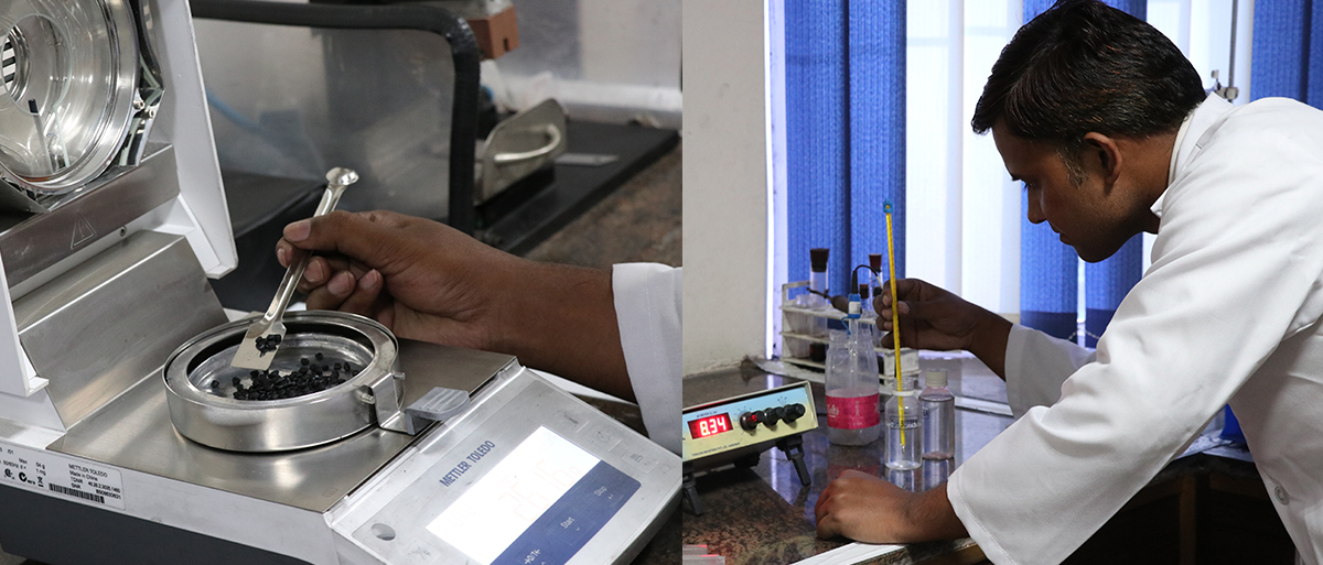 On the left, a technician weighs rubber materials on a laboratory scale, and on the right, another technician records data during a chemical test.